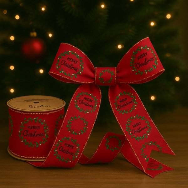 Fita Decorativa Estampa “Merry Christmas” Vermelha 6.3cm x 9.14m