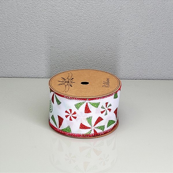 Fita Decorativa Estampa Candy Branco Vermelho e Verde 6.3cm x 9.14m