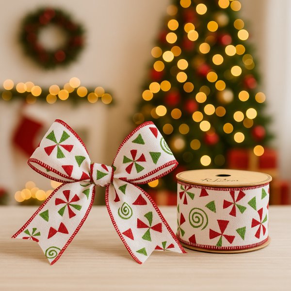 Fita Decorativa Estampa Candy Branco Vermelho e Verde 6.3cm x 9.14m