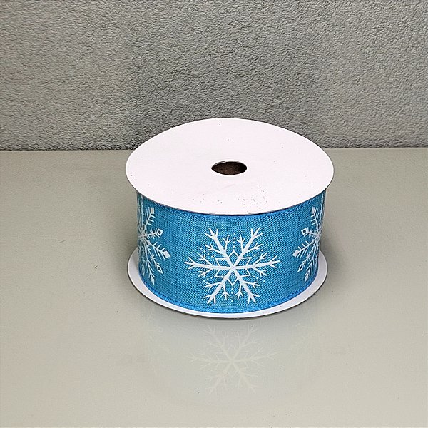 Fita Decorativa Estampa Azul com Floco de Neve 6.3cm x 9.14m