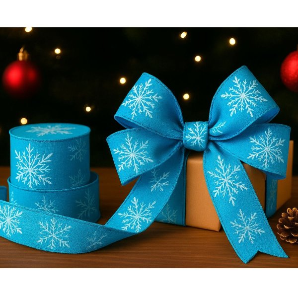 Fita Decorativa Estampa Azul com Floco de Neve 6.3cm x 9.14m
