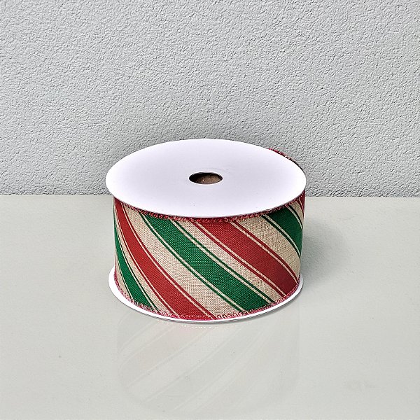 Fita Decorativa Estampa Listrada Verde Vermelho e Natural 6.3cm x 9.14m