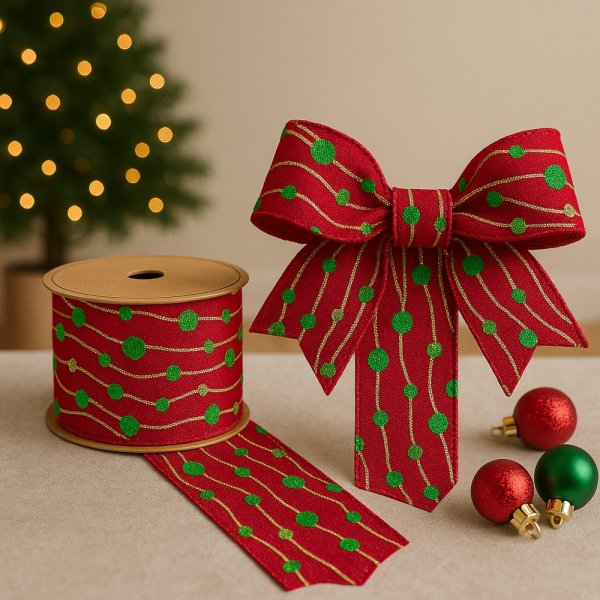 Fita Decorativa Estampa Poá Vermelho. Verde e Dourado 6.3cm x 9.14m