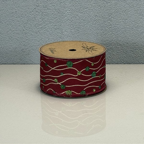 Fita Decorativa Estampa Poá Vermelho Verde e Dourado 6.3cm x 9.14m