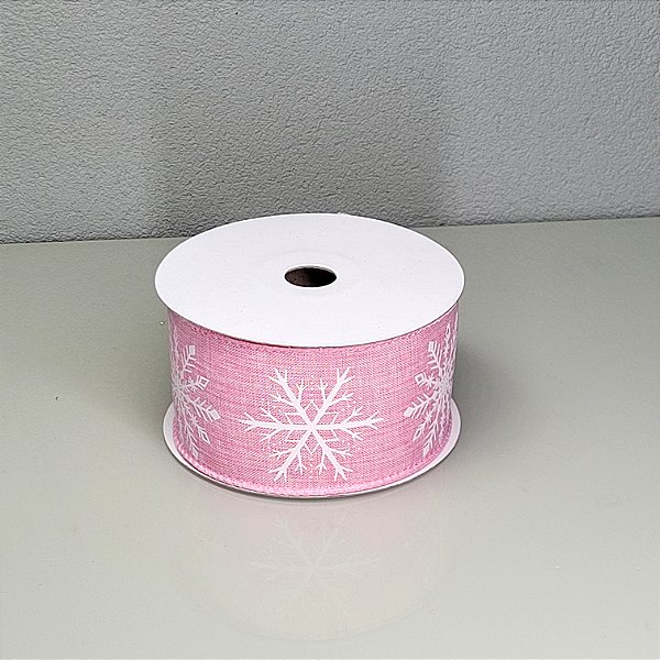 Fita Decorativa Rosa com Floco de Neve Estampado 6.3cm x 9.14m