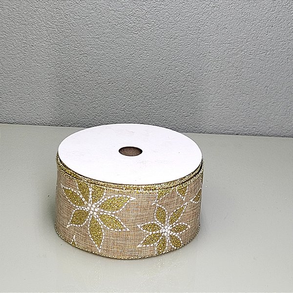 Fita Decorativa Floral com Fundo Natural 6.3cm x 9.14m