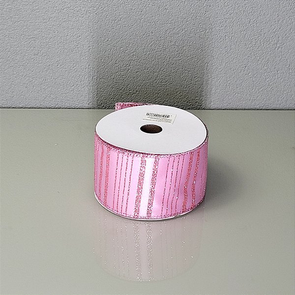 Fita Decorativa Rosa Listrada em Cetim 6.3cm x 9.14m