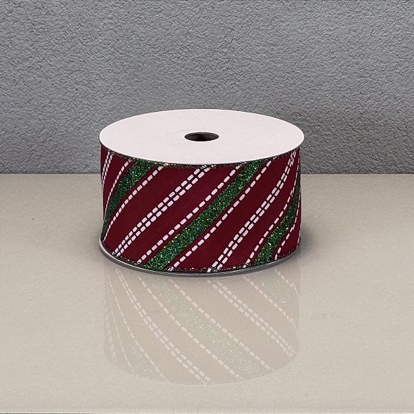 Fita Decorativa Listrada Vermelha Verde e Branca 6.3cm x 10m