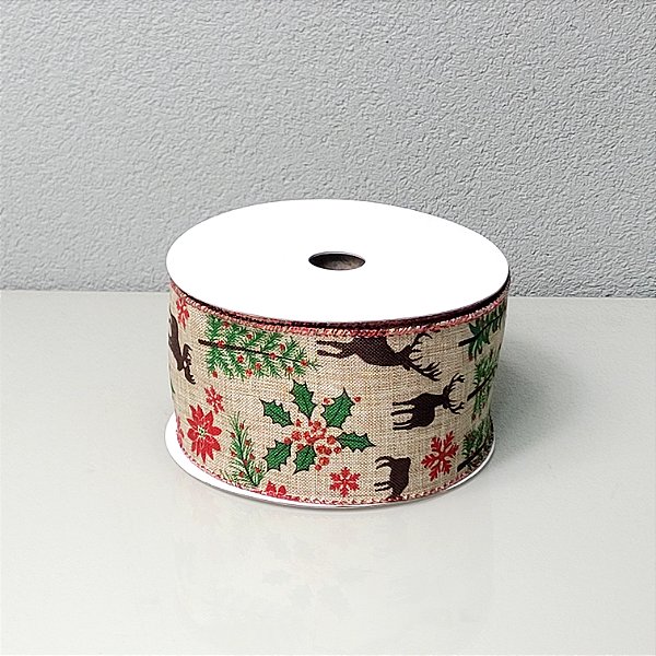 Fita Decorativa Natalina com Estampa Rena 6.3cm x 9.14m