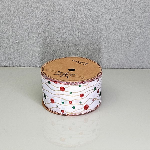 Fita Decorativa Poá Branco Vermelho e Verde 6.3cm x 9.14m