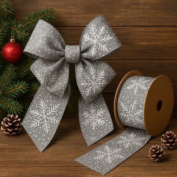 Fita Decorativa Prata com Estampa de Neve 6.3cm x 9.14m