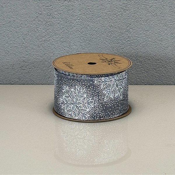 Fita Decorativa Prata com Estampa de Neve 6.3cm x 9.14m