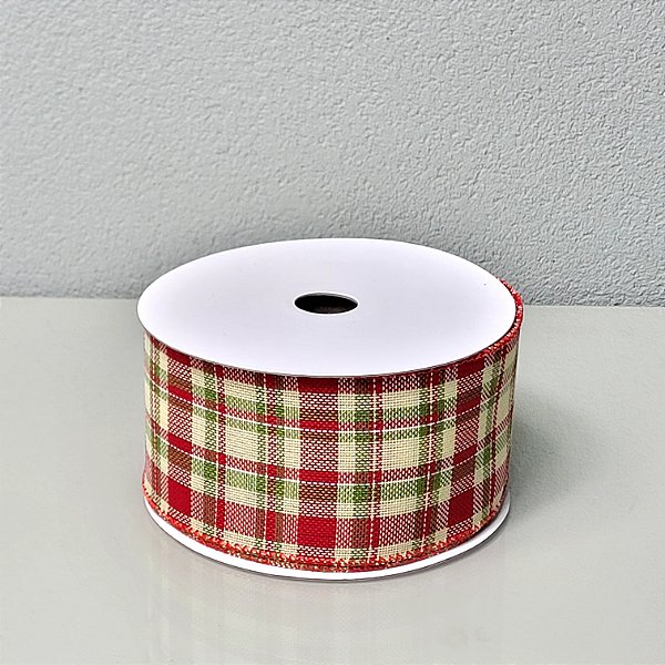 Fita Decorativa Xadrez Creme Vermelho e Verde 6.3cm x 10m