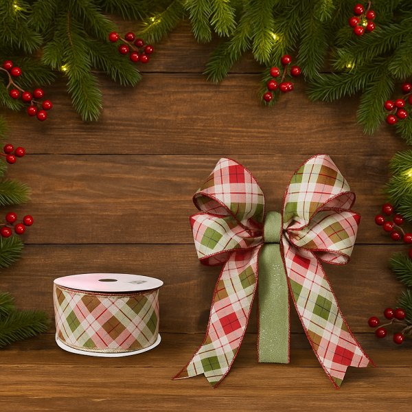 Fita Decorativa Xadrez Creme Vermelho e Verde 6.3cm x 9.14m