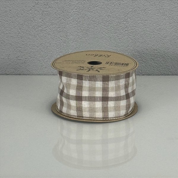 Fita Decorativa Aramada Estampa Xadrez Creme 6,3cm x 9,14m