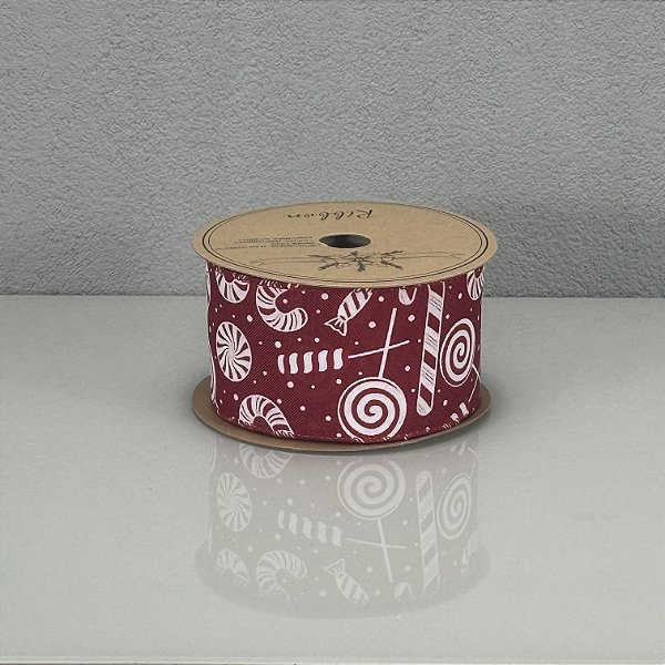 Fita Decorativa Vermelha Estampa Bengala Candy 6,3cm x 9,14m