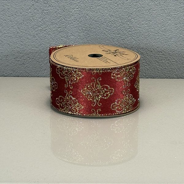 Fita Decorativa Natalina Estampa Arabesco Dourado 6,3cm x 9,14m