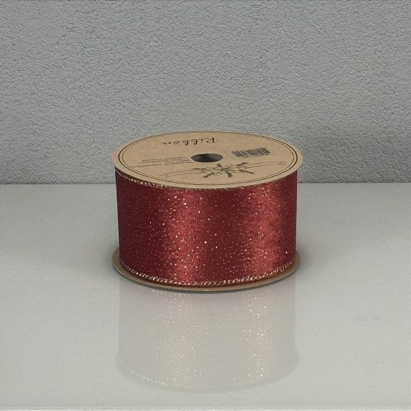 Fita Decorativa Vermelha com Glitter Dourado 6,3cm x 9,14m