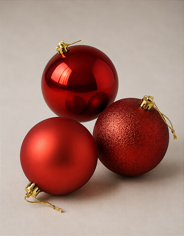 Kit 3 Bolas de Natal Vermelho Escuro 10cm Brilhante Fosca e Glitter