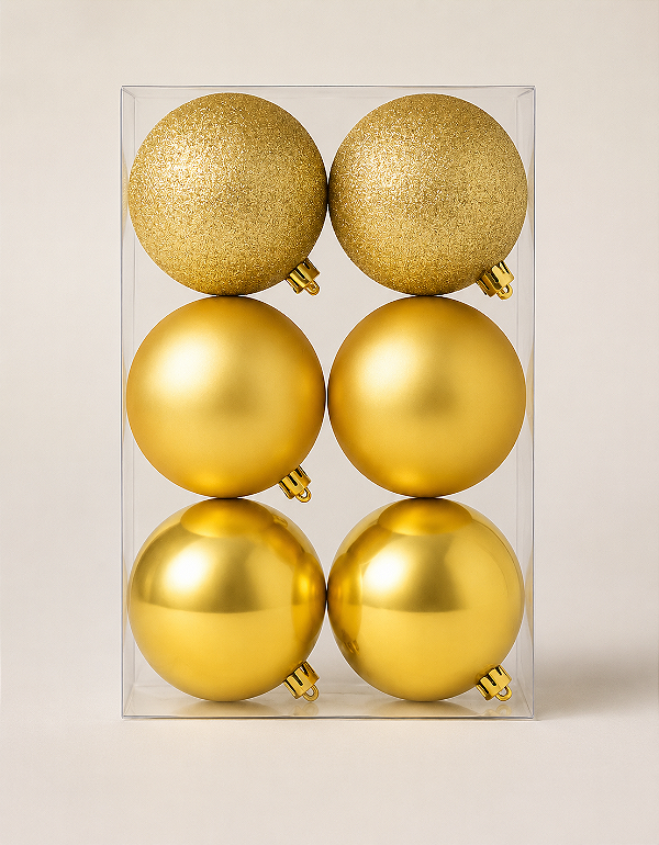 Kit 6 Bolas de Natal 6cm Dourada Brilhante Fosca Glitter