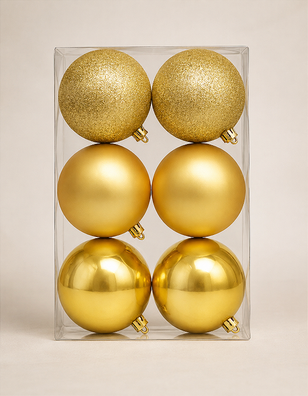 Kit 6 Bolas de Natal 8cm Dourada Brilhante Fosca Glitter