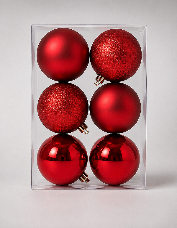 Kit 6 Bolas de Natal 6cm Vermelhas Brilhante Fosca Glitter