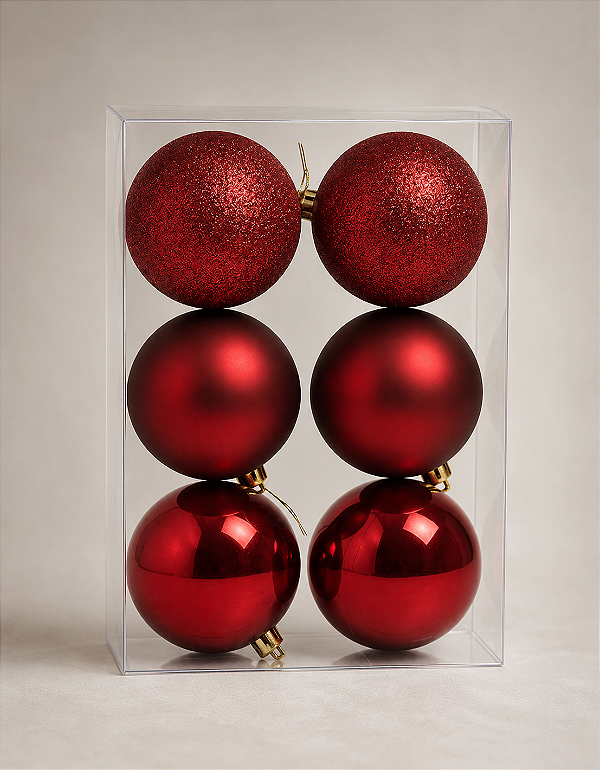 Kit 6 Bolas de Natal 6cm Vermelha Escura Brilhante Fosca Glitter