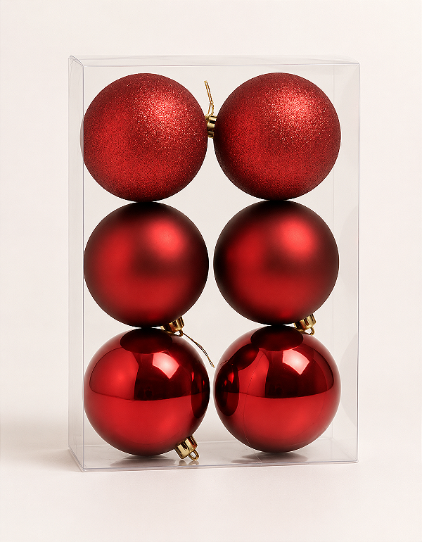 Kit 6 Bolas de Natal 8cm Vermelha Escura Brilhante Fosca Glitter