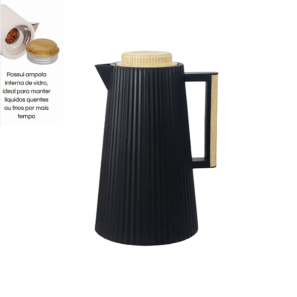 Garrafa Termica 1L Tampa e Alça Bambu Cor Preto