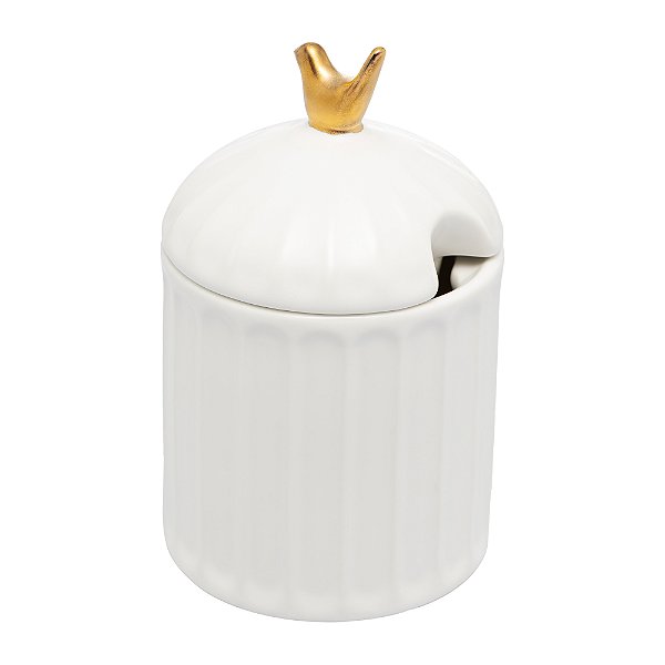 Açucareiro de Cerâmica Colibri com Colher e Tampa Branco 7cm x 7cm x 10,5cm - Wolff