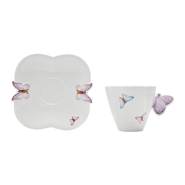 Conjunto 6 Xícaras de Chá de Porcelana com Pires Borboletas Branco 200ml - Wolff