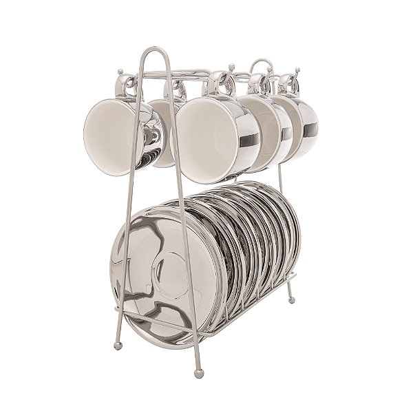 Conjunto 6 Xícaras de Café com Pires de Porcelana e Suporte Versa Prata/Branco 90ml - Wolff