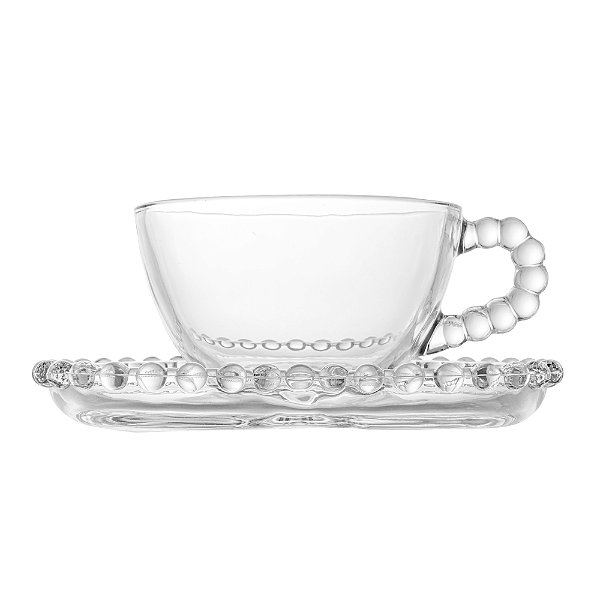 Conjunto 4 Xícaras de Chá de Cristal com Pires Coração Pearl 180ml - Wolff