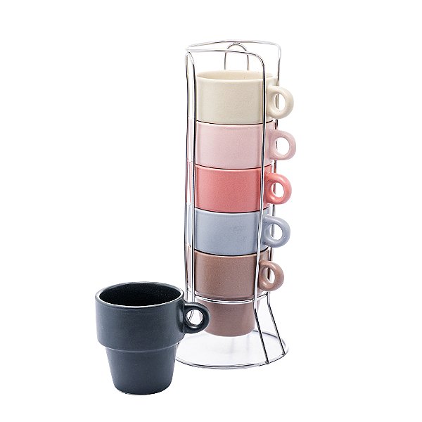Conjunto 6 Xícaras de Café Empilháveis de Cerâmica com Suporte Coloridas 90ml - Wolff