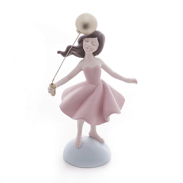 Figura Decorativa Boneca com Balão de Resina Dourado 13cm x 8cm x 22cm - Wolff