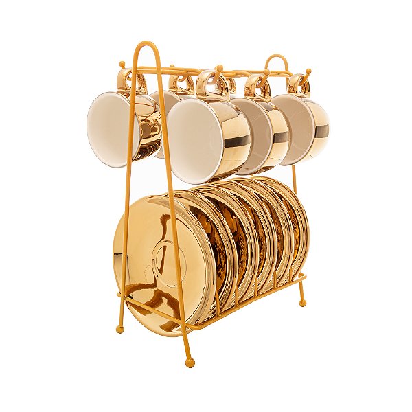 Conjunto 6 Xícaras de Café de Porcelana com Pires e Suporte Versa Dourado/Branco 90ml - Wolff