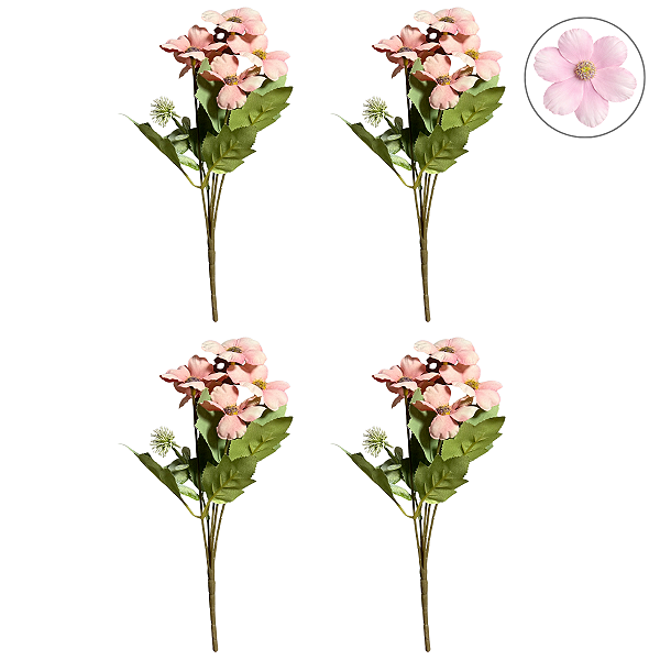 Conjunto 4 Buquê Flores Decorativas X5 Rosa - BMQ