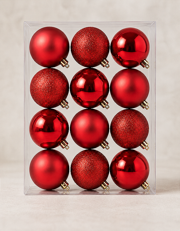 Kit 12 Bolas de Natal 4cm Vermelhas Brilhante Fosca Glitter
