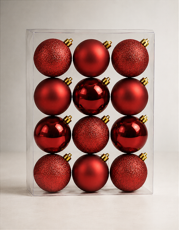 Kit 12 Bolas Natal 4cm Vermelha Escura Brilhante Fosca Glitter