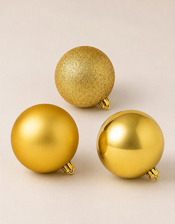 Kit 3 Bolas de Natal Dourada 10cm Brilhante Fosca e Glitter