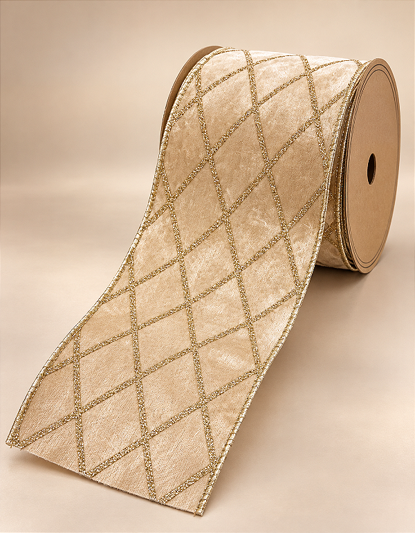 Fita Decorativa Aramada 10cm x 9,14m Champagne Dourada