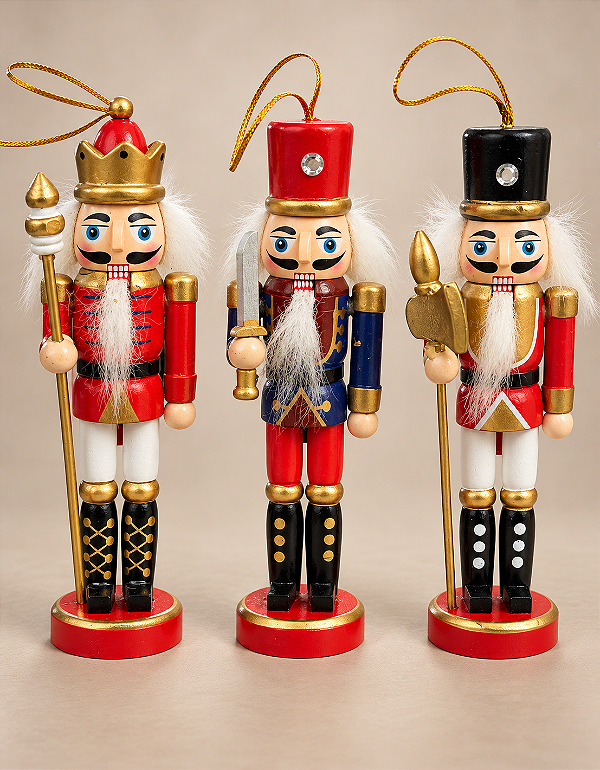 Kit 3 Soldadinhos Quebra Nozes de Natal Madeira Pinho 15cm