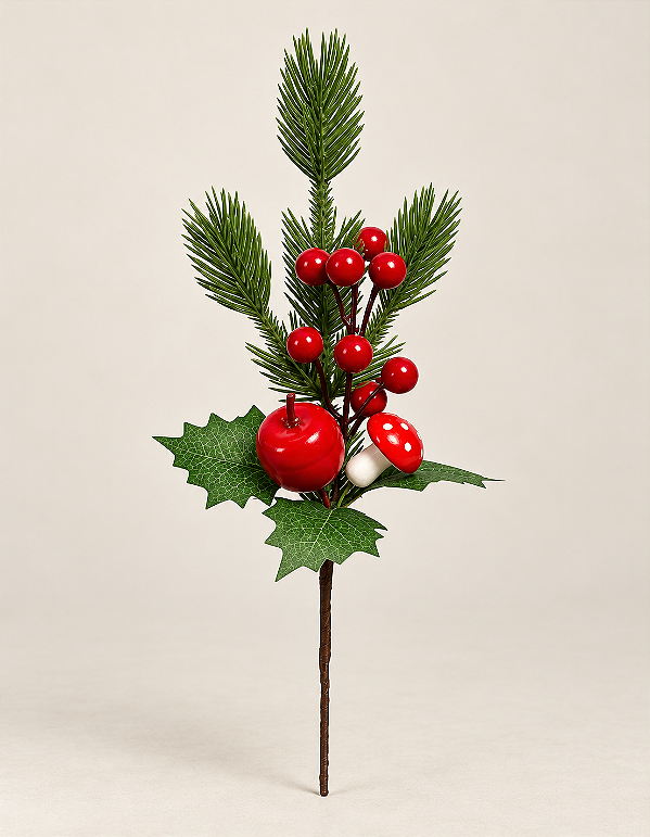 Pick Natalino Com Maçã Berries E Cogumelo Vermelho 26cm