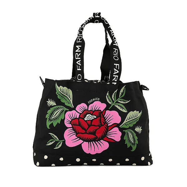 FARM 78328919 TOTEBAG CARIOCA ESTUDANTE CASHEWS AND BIRDS PRETO/MULTICOLOR