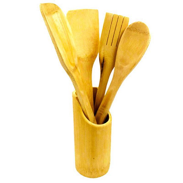 Conjunto Kit 5 Utensílios de Madeira Bambu Espátula Colher Ecológico Cozinha