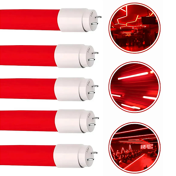 Kit 6 Lâmpadas Tubo Led Colorida T8 9w Vermelho Bivolt Decoração