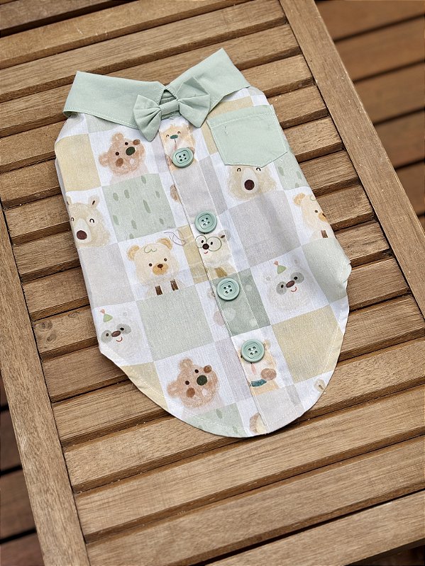 Camisa Ursinhos com Bolso e Gravata Verde Empoeirado