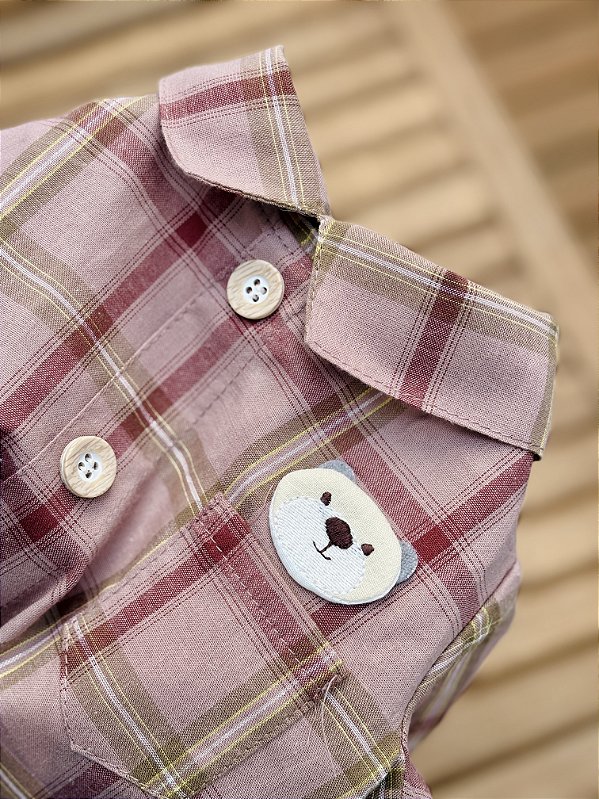 Camisa Quadriculada Rosa Ursinho no Bolso