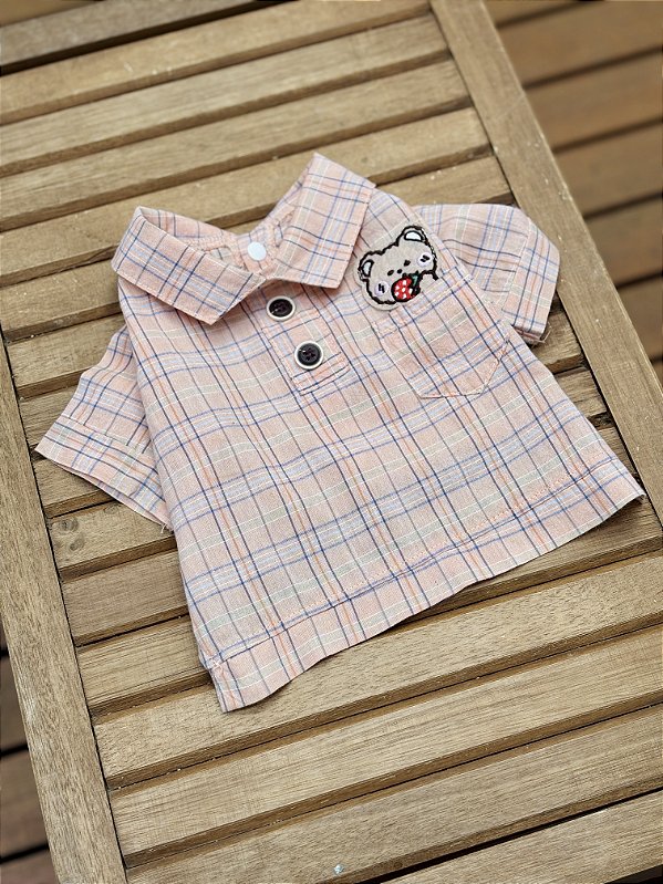 Camisa Xadrez Salmão Com Aplique de Ursinho no Bolso