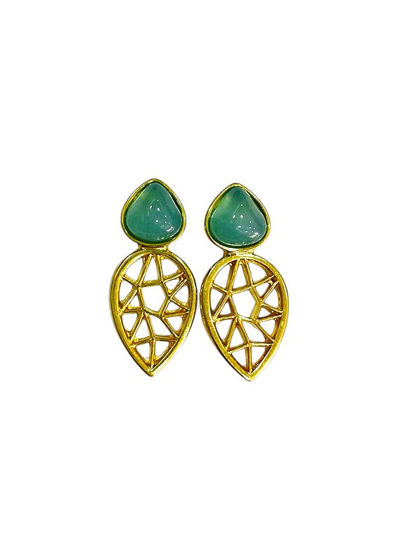 Brinco Folhado á Ouro em Pedra Natural Ágata Azul Céu